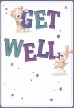 Radiating playful optimism and heartfelt care, this get well card captures the comforting touch familiar to Mill Hill residents. Two lovable characters-a teddy bear and a puppy-dance joyfully across the page, each playfully balanced around large, vibrant 'Get Well' letters. Hues of rich indigo and soothing teal imbue the text with fresh, cheerful vibrancy, mirroring the lively hues packaged into bouquets at a local florist shop. Scattered starbursts in gentle blues and purples shimmer across a creamy background, adding a whimsical sparkle reminiscent of starlit evenings above Mill Hill fields. The bear's fur and puppy's floppy ears are so softly illustrated that you can practically feel their warmth, echoing the snug comfort of a freshly delivered arrangement for a friend recuperating nearby. This card doesn't just send a message-it offers a friendly embrace, perfect for sharing comfort, encouragement, and a bit of light when it's needed most in Mill Hill.